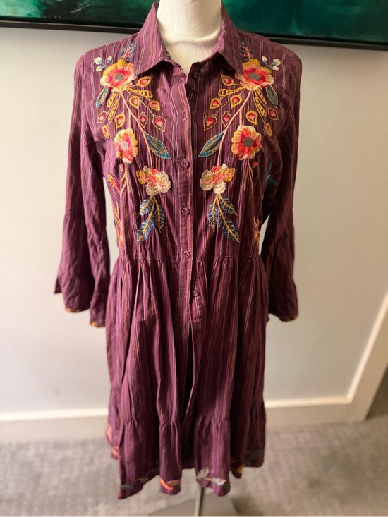 Johnny Was Wokshop Dresses & Skirts - Johnny Was Embroidered Plum Long-Sleeve Button-Front Dress